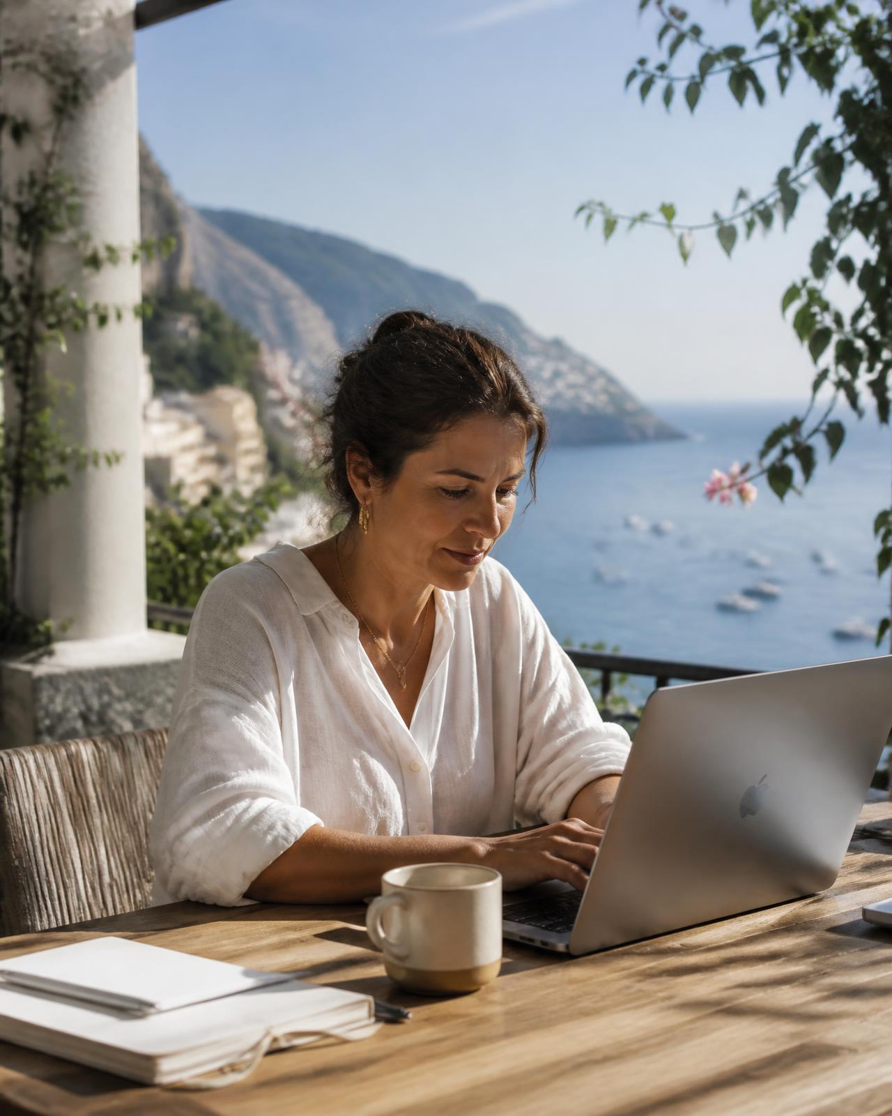 A woman working on her laptop at a sunlit table overlooking a coastline