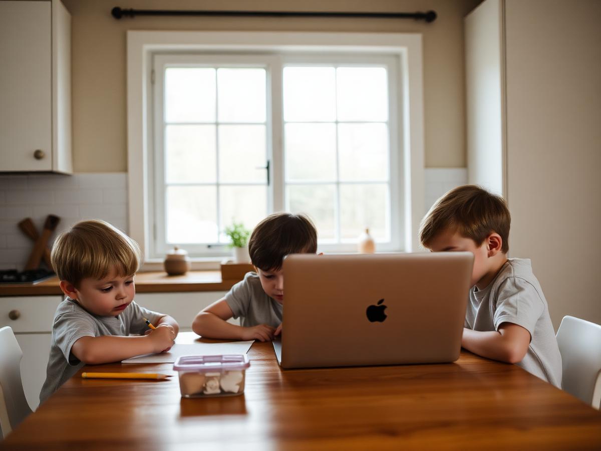 A parent working at a kitchen table while a child draws